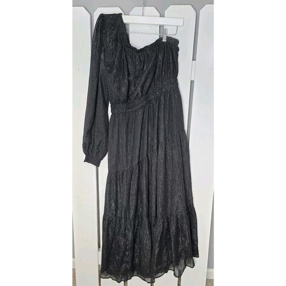 Moon River Black Witchy One Shoulder‎ Midi Dark Fairy Dress Glitter Whimsigoth L - Picture 1 of 15
